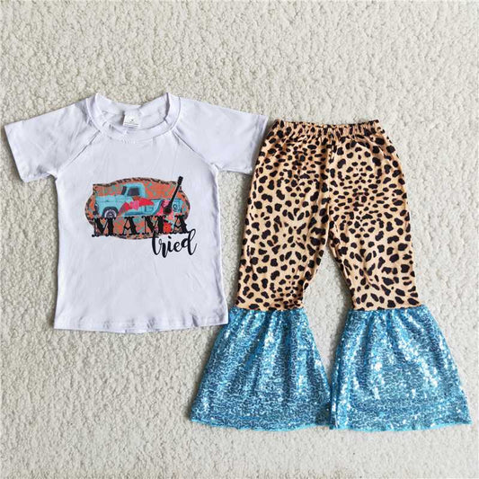 mama tired top sequins leopard bell pants girls sets kids clothes