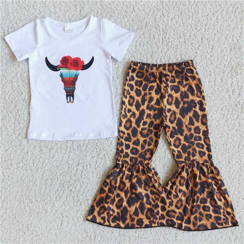 cow top leopard bell pants girls sets kids clothes