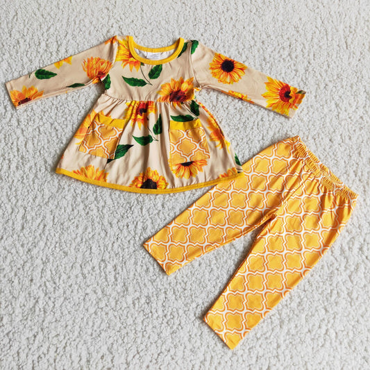 pockets sunflower top and pants 2 pieces girls outfit