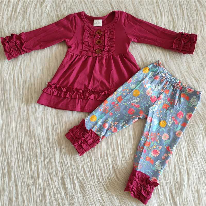 red cotton long sleeve dress and pants 2 pieces girls outfits