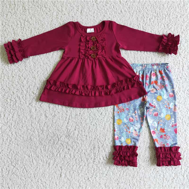 red cotton long sleeve dress and pants 2 pieces girls outfits