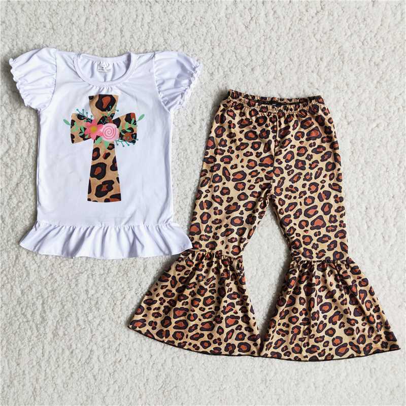 cross top leopard bell pants girls sets kids clothes