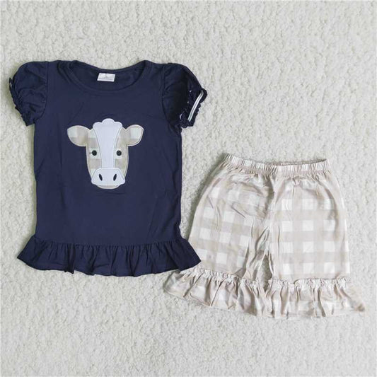 girls summer sets embroidery cow top & shorts suits