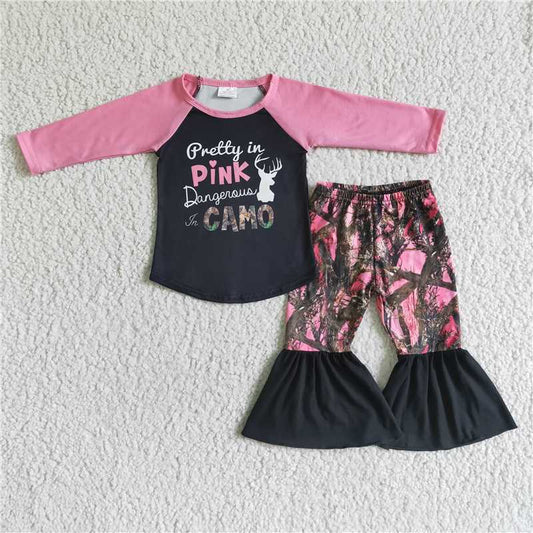 pink top and camo bell pants 2 pieces girls outfits kids clothing