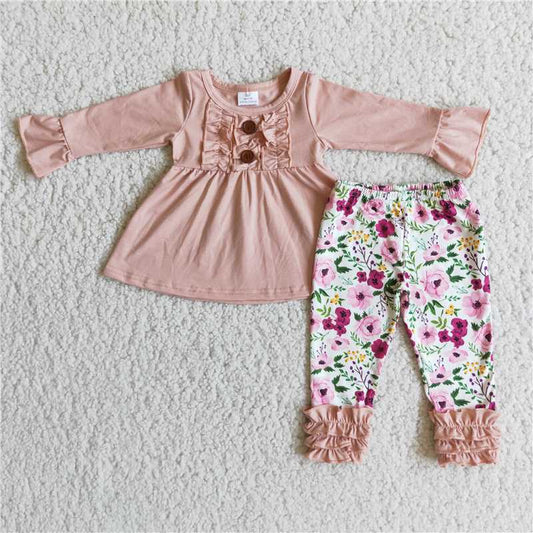 long sleeve pink cotton top and pants 2 pieces girls outfits