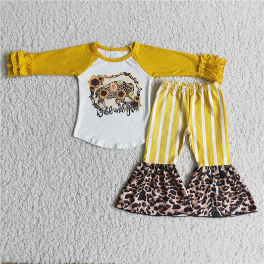 sunflower shirt and leopard bell pants 2 pieces girls outfits kids clothing