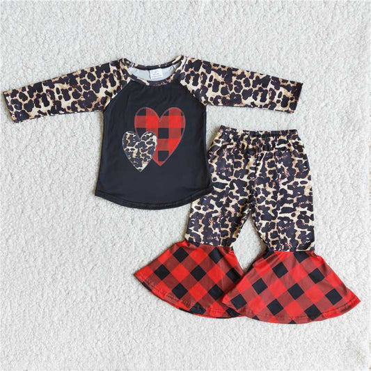 love heart shirt and leopard bell pants 2 pieces girls outfits Valentine's Day kids clothing