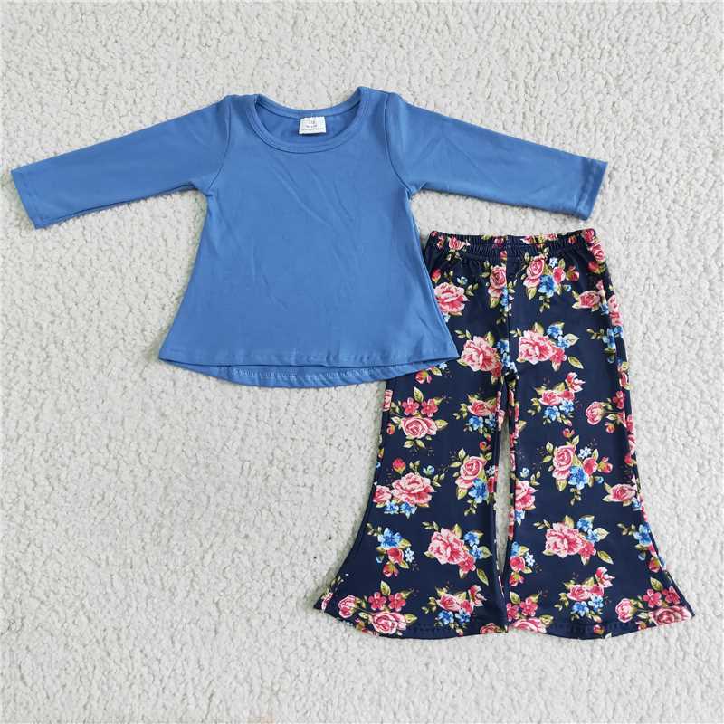 long sleeve blue cotton top and pants 2 pieces girls outfits