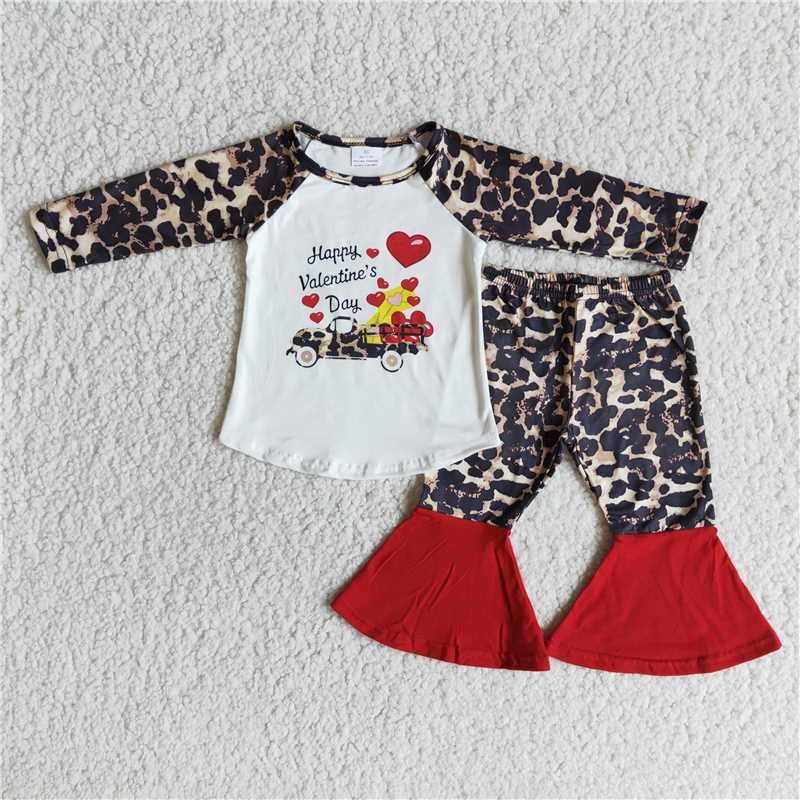 love heart shirt and leopard bell pants 2 pieces girls outfits Valentine's Day kids clothing