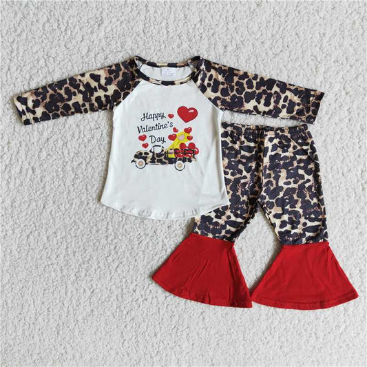 love heart shirt and leopard bell pants 2 pieces girls outfits Valentine's Day kids clothing