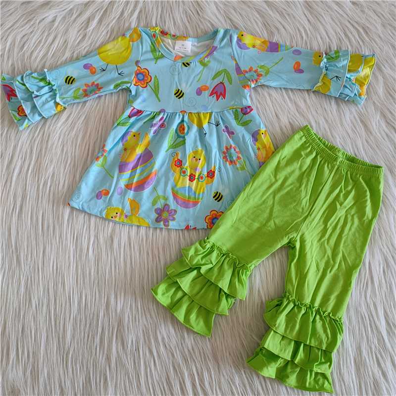 long sleeve Broken shell top and pants 2 pieces girls outfits easter