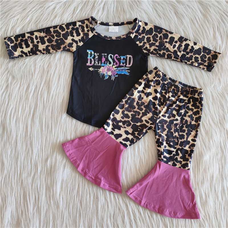 blessed shirt and leopard bell pants 2 pieces girls outfits sale kids clothes