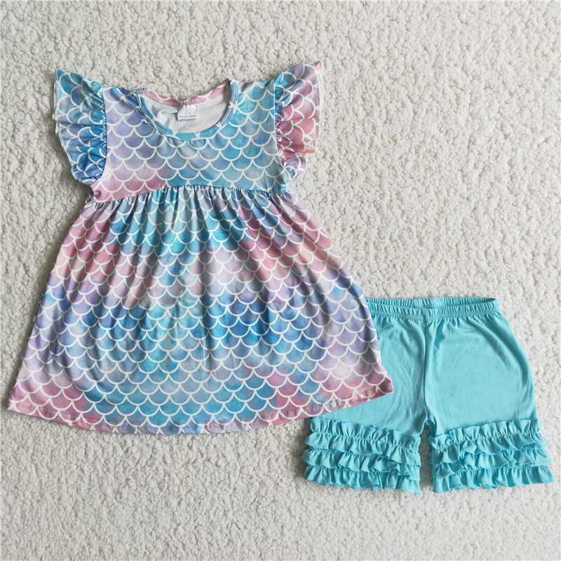 girls summer sets fish scales top & shorts suits