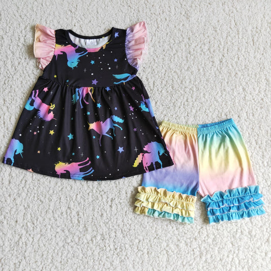 girls summer sets unicorn top & shorts suits