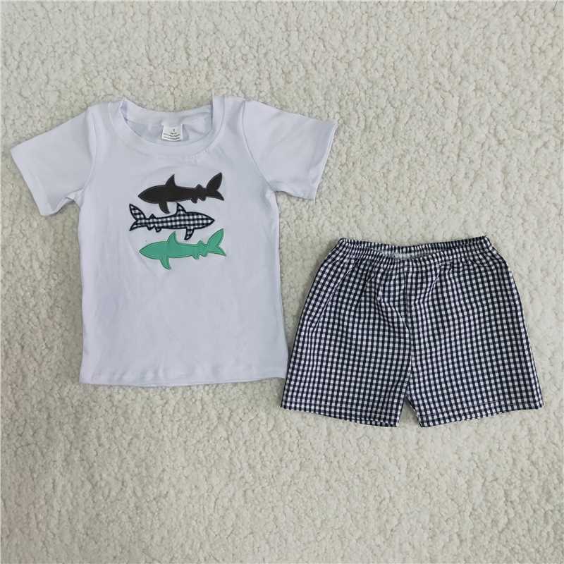 whale embroidery boys summer sets short sleeve shirt 2pcs