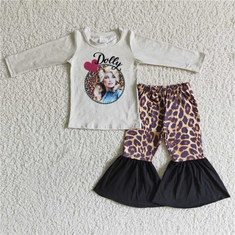 dolly shirt and leopard bell pants 2 pieces girls outfits kids clothes