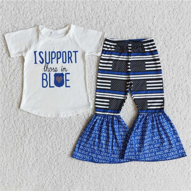 i support blue shirt & bell pants police girl set