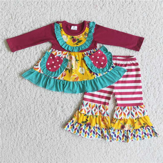 pockets flower top and bell 2 pieces girls outfit