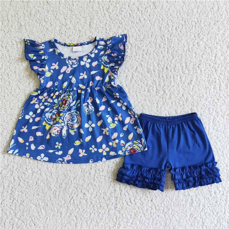 girls summer sets flower top & shorts suits