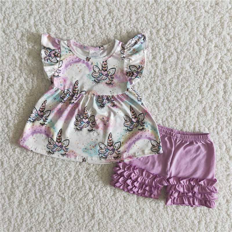 girls summer sets unicorn top & shorts suits