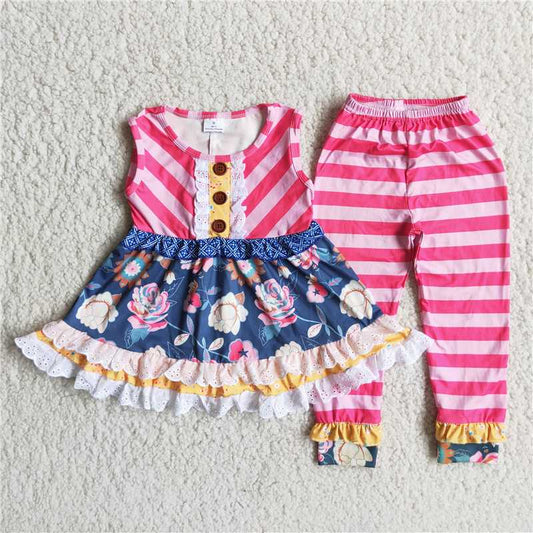 flower ruffles top pants girls sets kids clothes