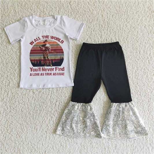 Guitar top bell sequins pants girls sets kids clothes