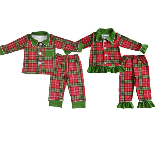 christmas pajamas red green plaid boy match girls sets kids clothes