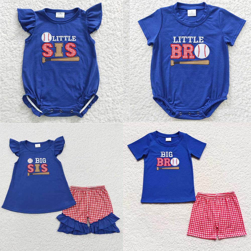 siblings embroidery baseball kids outfits match baby rompers