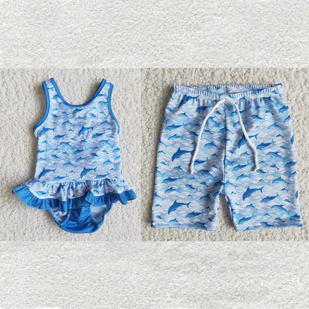 Dolphin girls swimsuit match boy trunk bathing set