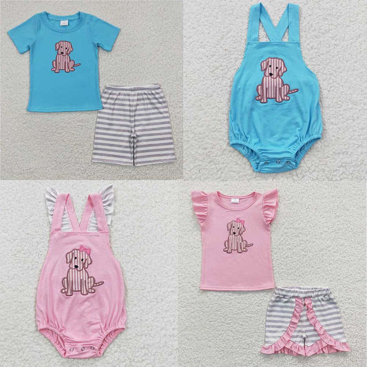 siblings embroidery dogs kids outfits match baby rompers