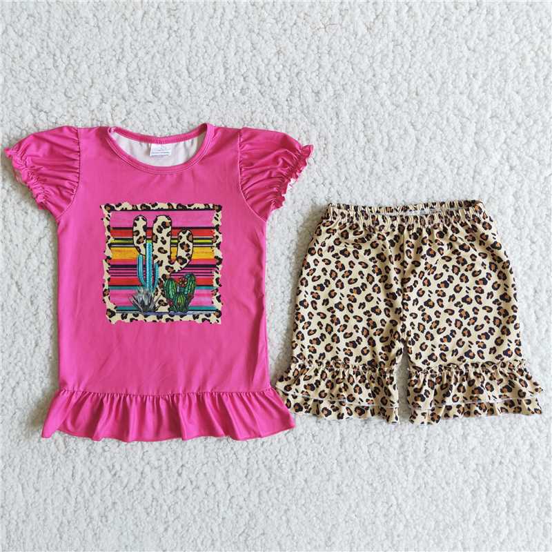 girls summer sets cactus top & leopard shorts suits