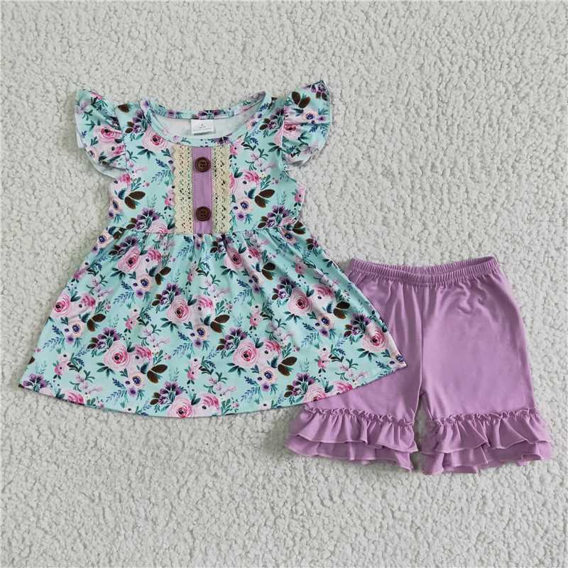 girls summer sets flower top & shorts suits