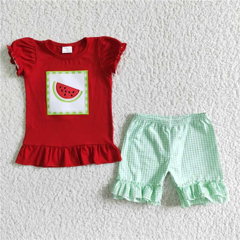 girls summer sets embroidered watermelon top & shorts suits