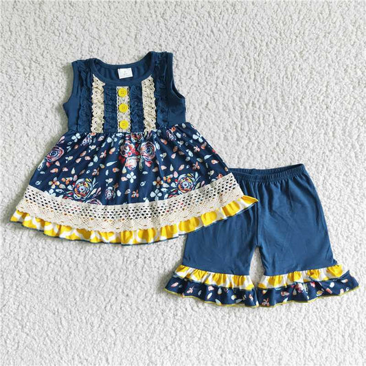 girls summer sets flower top & shorts suits