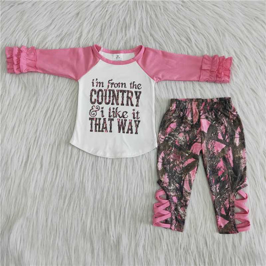 pink camo top and pants 2 pieces girls outfits kids clothes