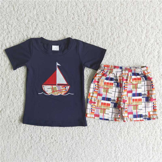 sailboat embroidery boys summer sets short sleeve shirt 2pcs