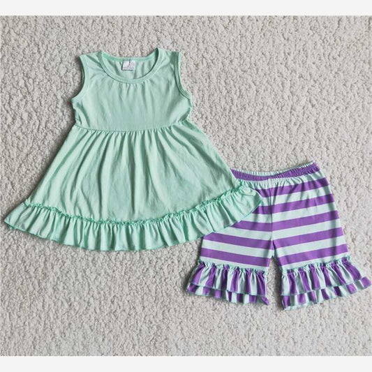 girls summer sets cotton top & stripe shorts suits