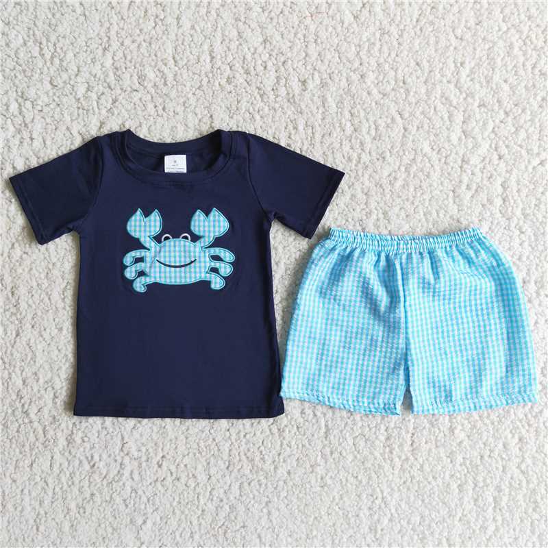 blue Carb embroidery boys summer sets short sleeve shirt 2pcs