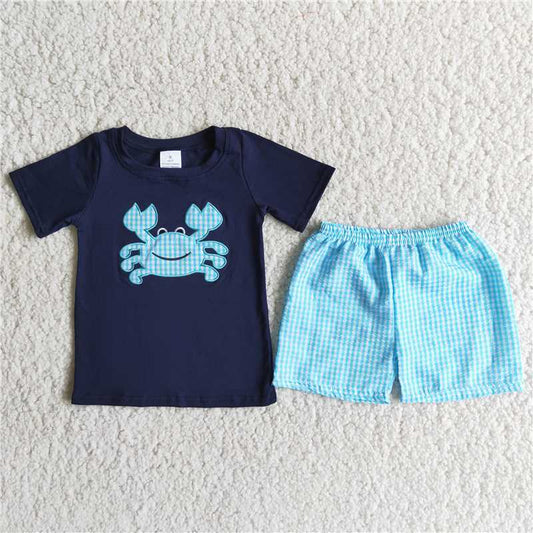 blue Carb embroidery boys summer sets short sleeve shirt 2pcs