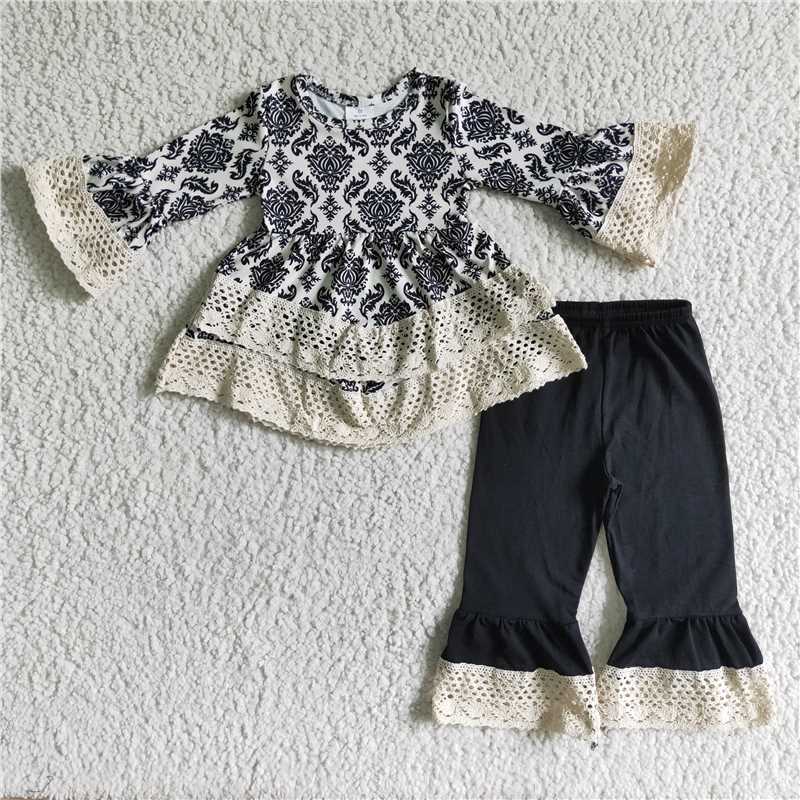 lace top and black pants 2 pieces girls outfit