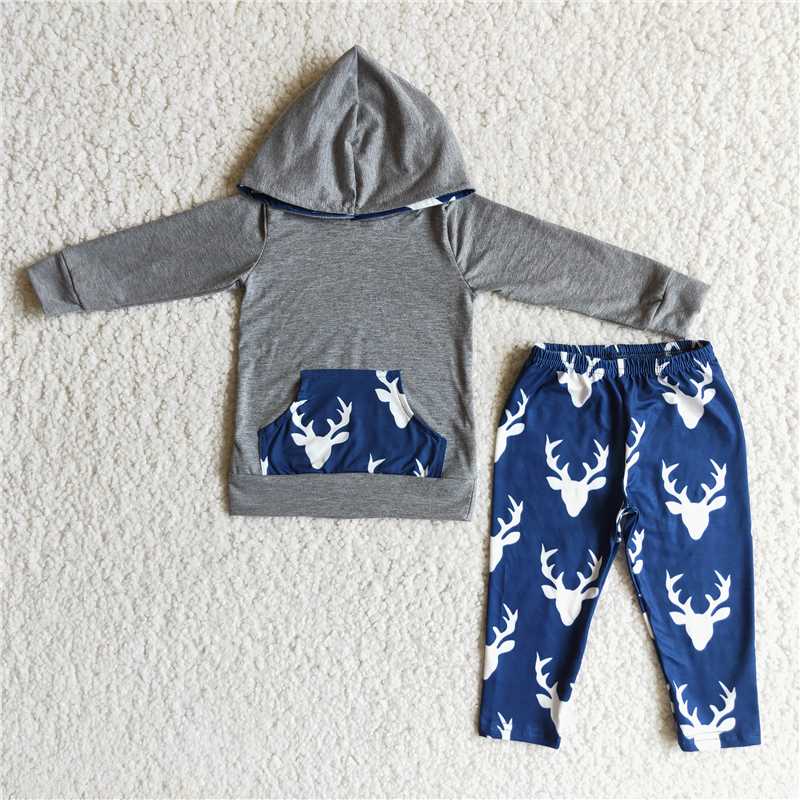 deer winter hooded long sleeve top and long pants sets