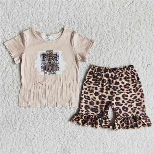 girls summer sets cross top & leopard shorts suits