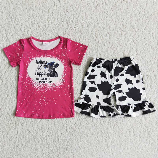 girls summer sets cow top & shorts suits