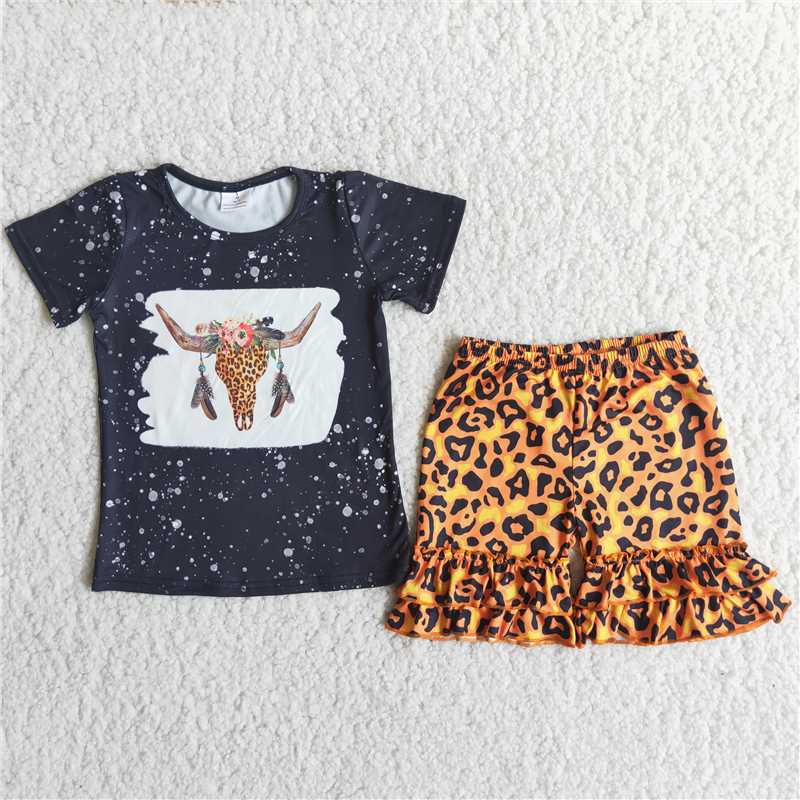 girls summer sets cow top & leopard shorts suits