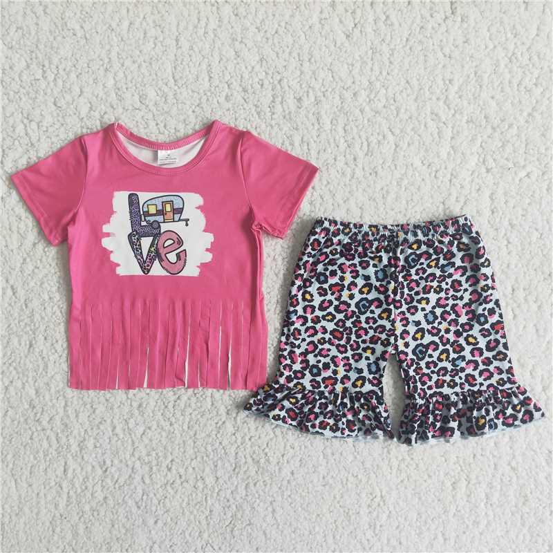 girls summer sets love top & leopard shorts suits