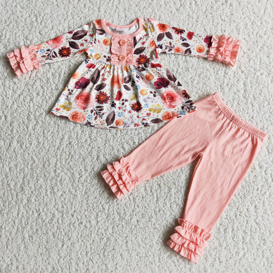 long sleeve flower top and cotton pants 2 pieces girls outfits