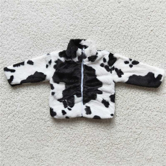 Cute fuzzy cow zipper jacket girls top winter fall coats