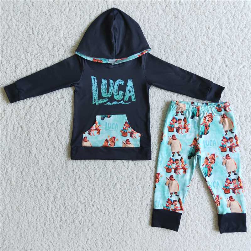 black carton boys winter hooded long sleeve top and long pants sets