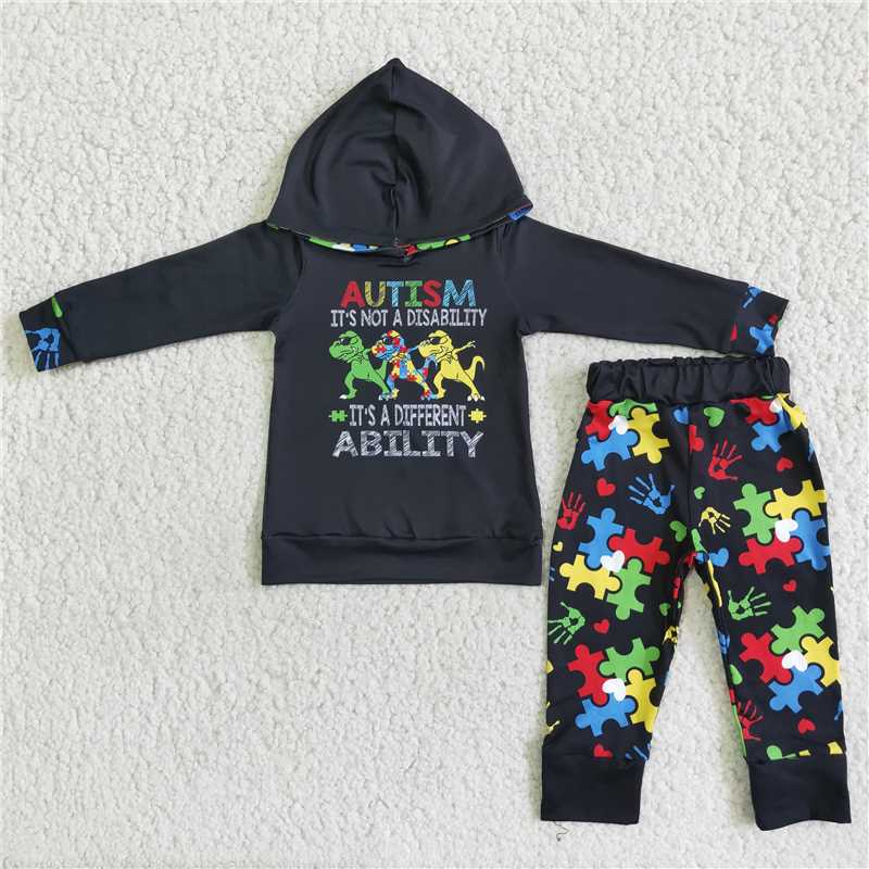 “autism it's not a disability it's a different ability”boys winter hooded long sleeve top and long pants sets