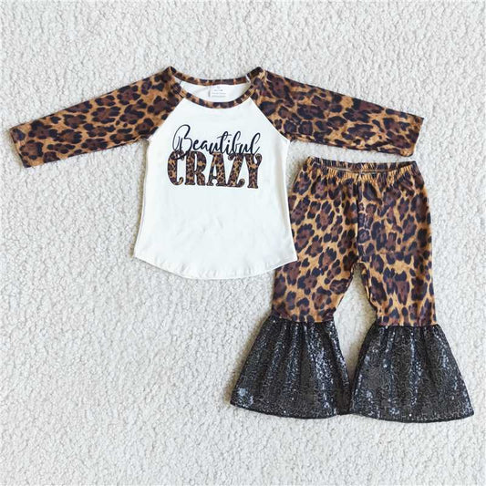 beautiful crazy top and Leopard sequins bell pants 2 pieces girls outfits kids clothes